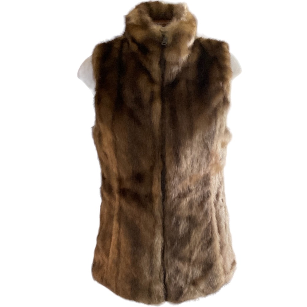 Vest Womens Brown Faux Mink Zip-Up Reversible Faux Leather Lining Size M EC